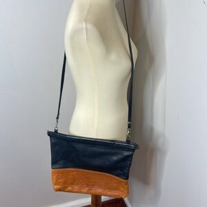 AWL Snap Crossbody Clutch in Black Brown Color Block‎ Leather